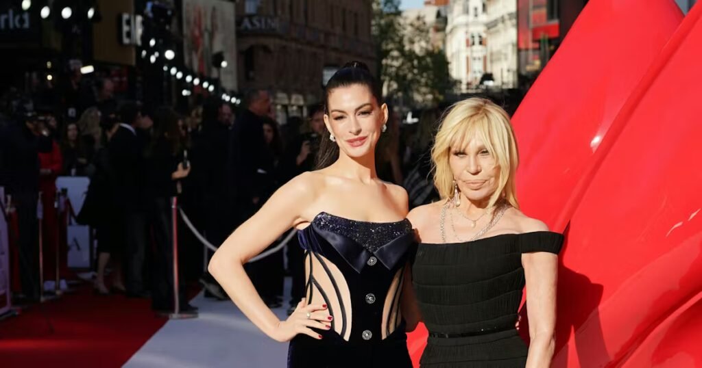 Anne Hathaway Wears Versace With Donatella For 'The Devil Wears Prada 2' Europe Premiere